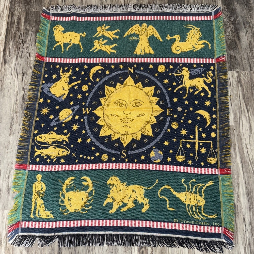 Vintage Crown Crafts Zodiac Celestial Sun Moon Stars Tapestry Blanket  52X41 In